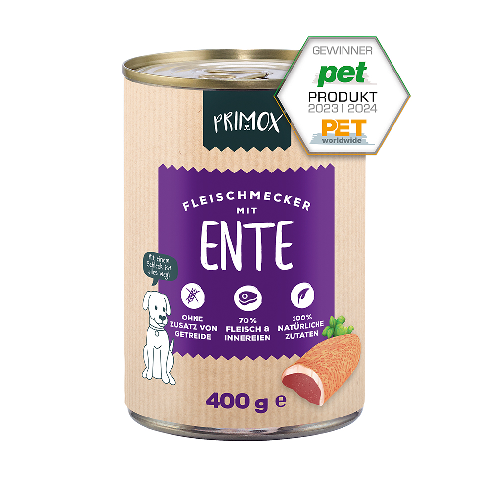 Primox Fleischmecker Nassfutter 400 g in Dose mit Ente PET Produkt Gewinner 2023/2024