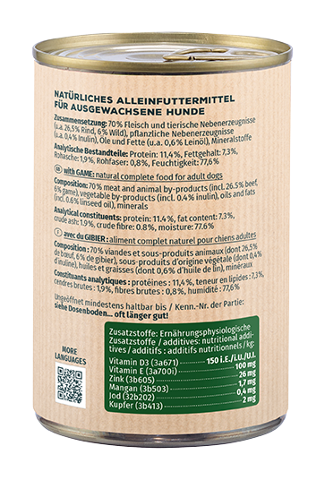 Primox Fleischmecker Nassfutter 400 g in Dose mit Wild Zusammensetzung und analytische Bestandteile