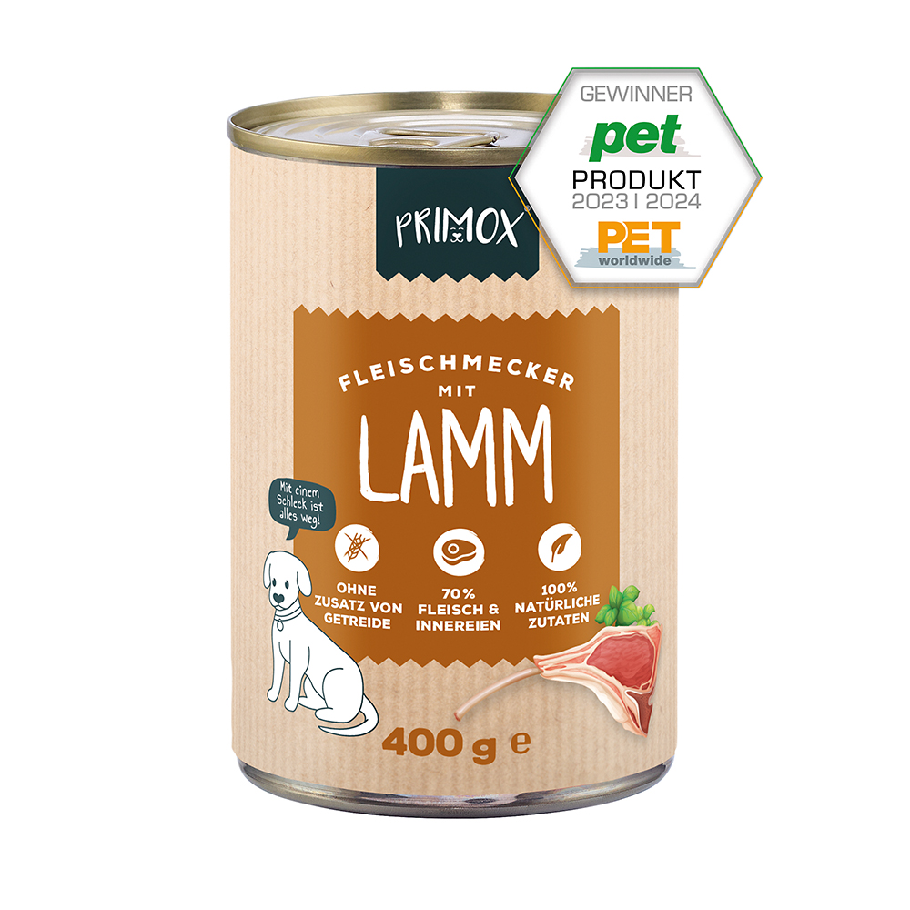 Primox Fleischmecker Nassfutter Dose 400 g mit Lamm PET Produkt Gewinner 2023/2024