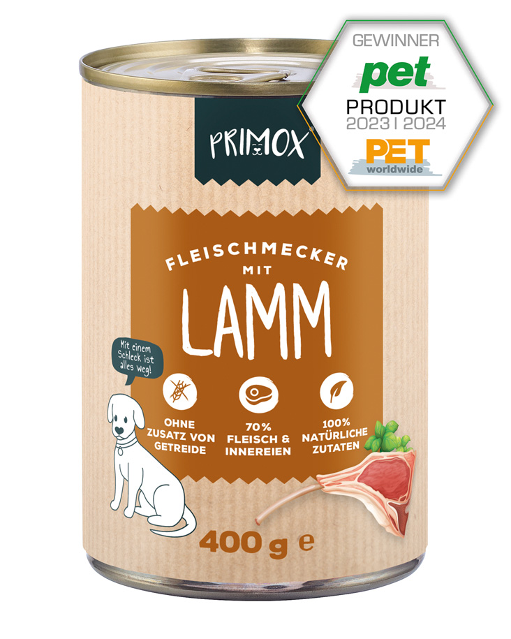 Primox Fleischmecker Nassfutter Dose 400 g mit Lamm PET Produkt Gewinner 2023/2024 Primox Fleischmecker Nassfutter Dose 400 g mit Lamm PET Produkt Gewinner 2023/2024
