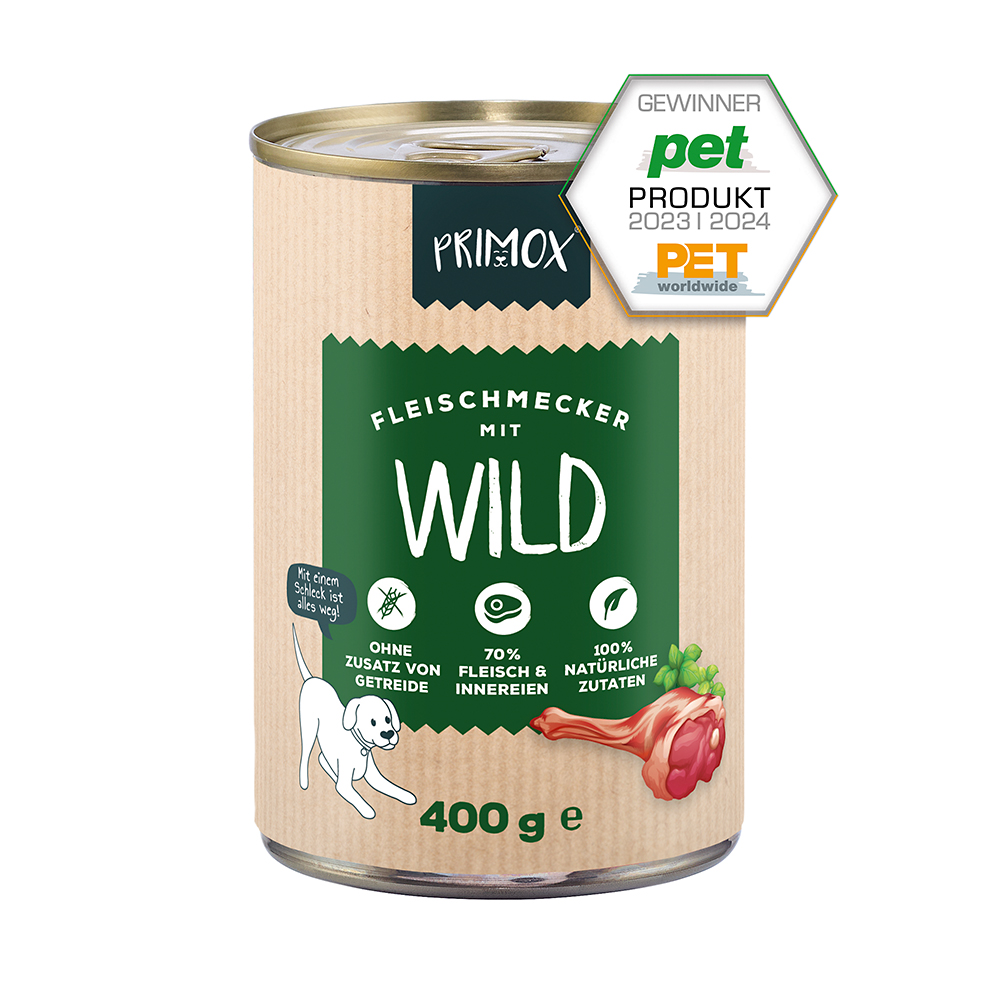 Primox Fleischmecker Nassfutter 400 g in Dose mit Wild PET Produkt Gewinner 2023/2024