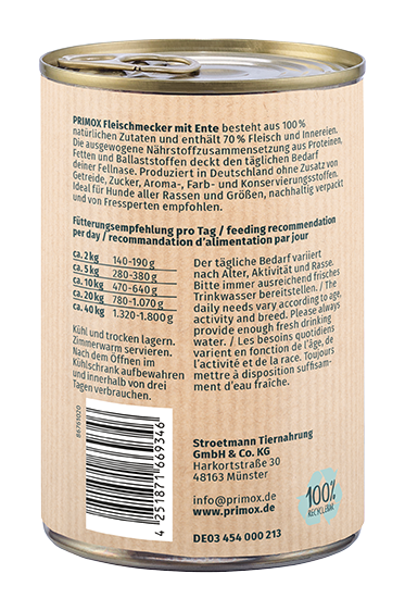 Primox Fleischmecker Nassfutter 400 g in Dose mit Ente Fütterungsempfehlung