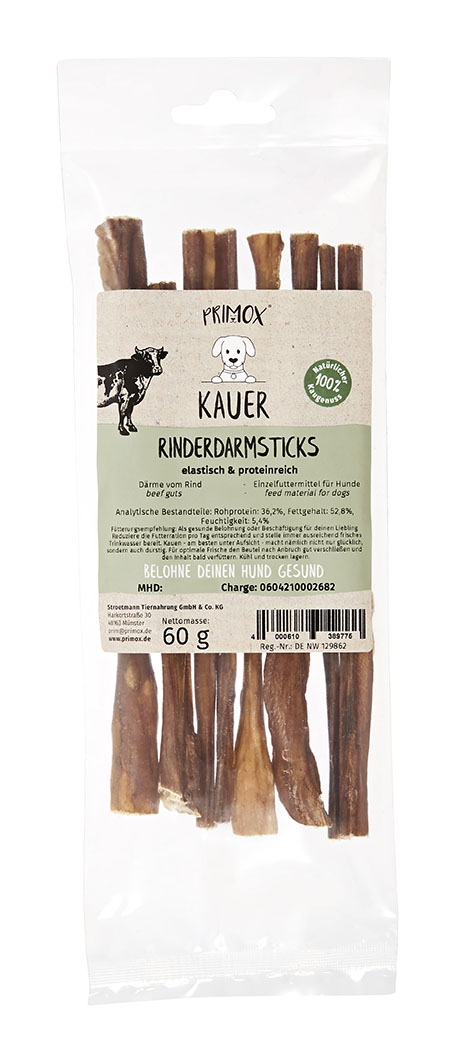 Primox Kauer Rinderdarm Kausticks 60 g im Beutel elastisch und proteinreich analytische Bestandteile und Fütterungsempfehlung Primox Kauer Rinderdarm Kausticks 60 g im Beutel elastisch und proteinreich analytische Bestandteile und Fütterungsempfehlung