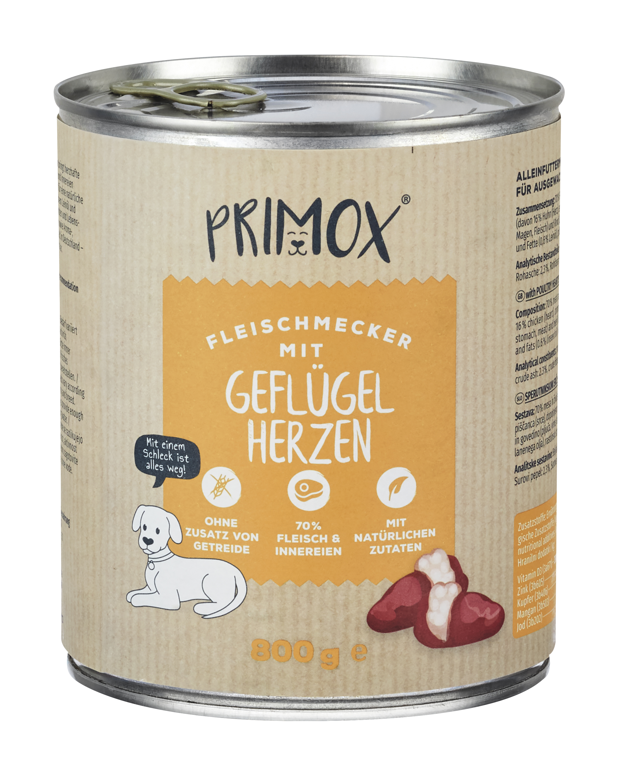 DEV Primox Fleischmecker Geflügelherzen Nassfutter Hund 800g Dose, Getreidefrei, mit 70% Fleisch und Innereien, 100% natürliche Zutaten, Pet Produkt des Jahres 2023/2024