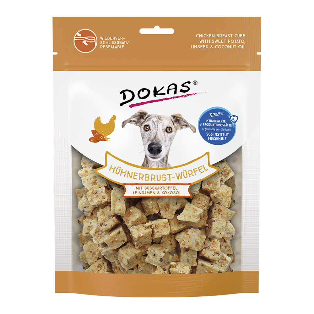 Dokas - Hühnerbrust-Würfel Süsskartoffel Leinsamen - 8 x 150 g - 1