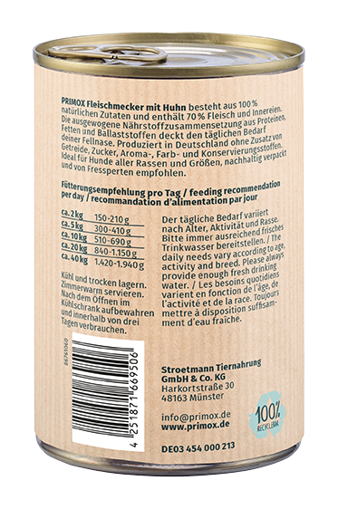 Primox Fleischmecker Nassfutter 400 g in Dose mit Huhn Fütterungsempfehlung