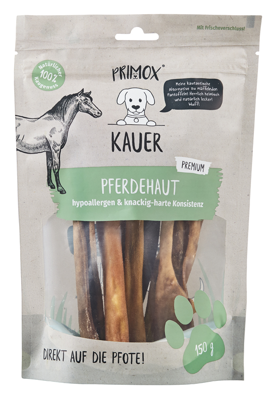 Primox Kauer Pferdehaut 150g im Beutel hypoallergen und knackig-harte Konsistenz Primox Kauer Pferdehaut 150g im Beutelhypoallergen und knackig-harte Konsistenz