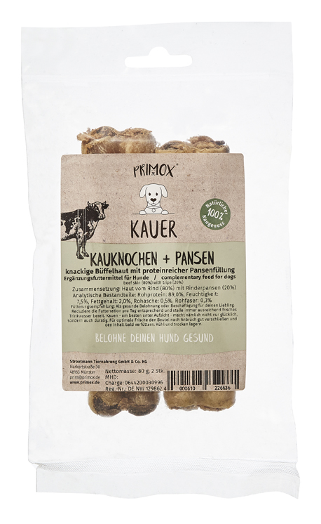 Primox Kauer Kauknochen mit Pansenfüllung 80g knackige Büffelhaut mit proteinreicher Pansenfüllung analytische Bestandteile und Fütterungsempfehlung