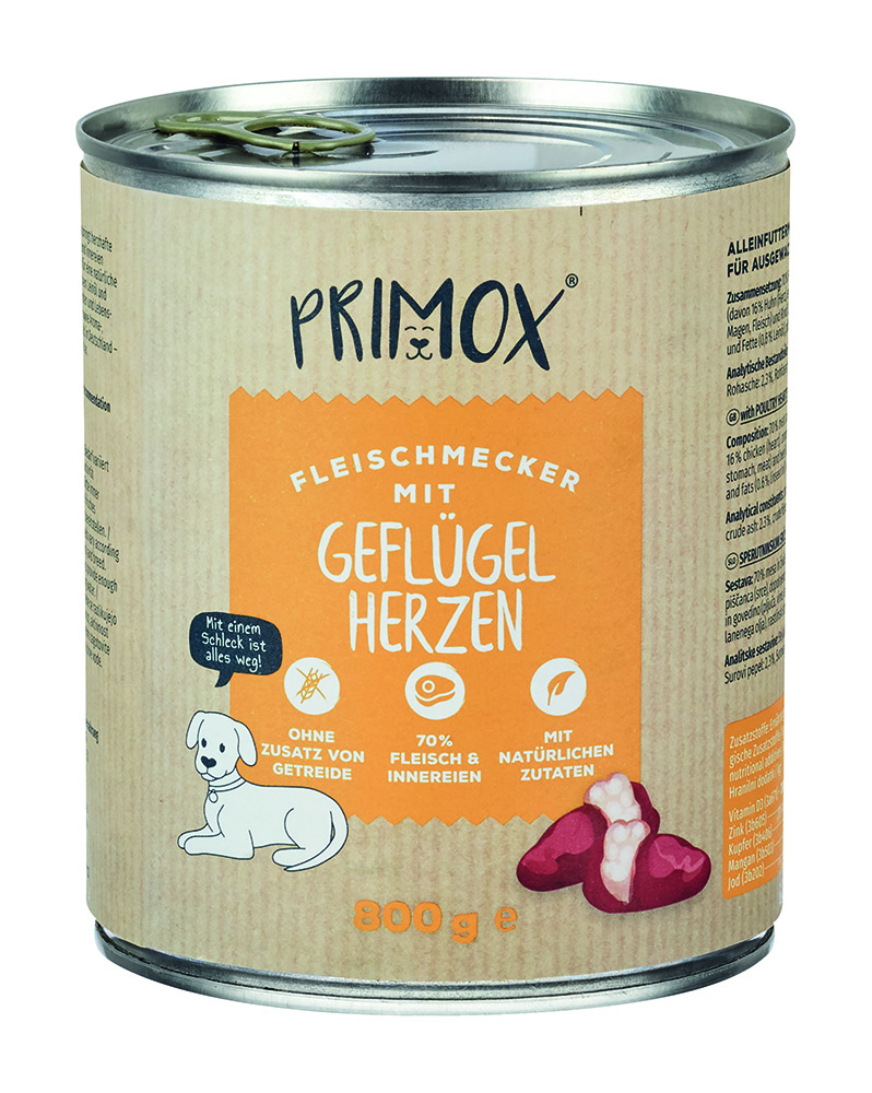 DEV Primox Fleischmecker Geflügelherzen Nassfutter Hund 800g Dose, Getreidefrei, mit 70% Fleisch und Innereien, 100% natürliche Zutaten, Pet Produkt des Jahres 2023/2024