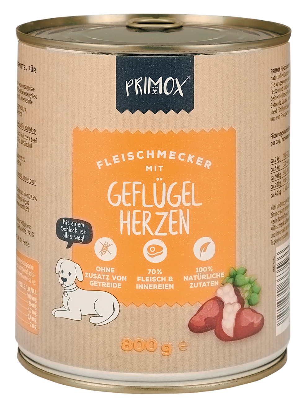 DEV Primox Fleischmecker Geflügelherzen Nassfutter Hund 800g Dose, Getreidefrei, mit 70% Fleisch und Innereien, 100% natürliche Zutaten, Pet Produkt des Jahres 2023/2024