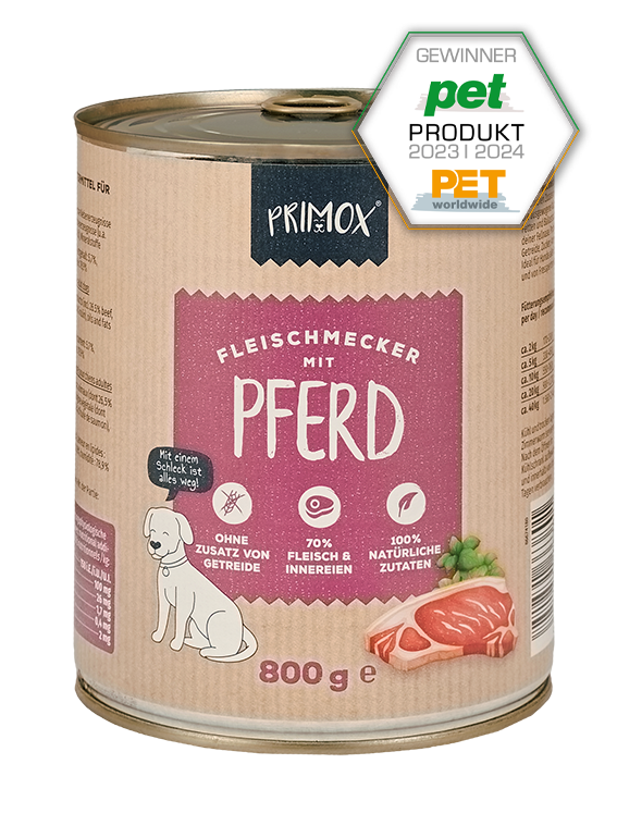 Primox Fleischmecker Nassfutter in Dose 800 g mit Pferd Gewinner PET Produkt 2023/2024