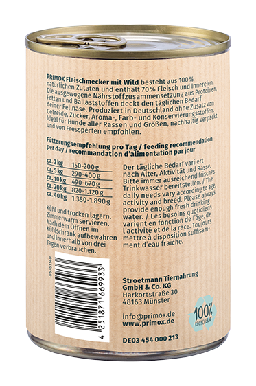 Primox Fleischmecker Nassfutter 400 g in Dose mit Wild Fütterungsempfehlung