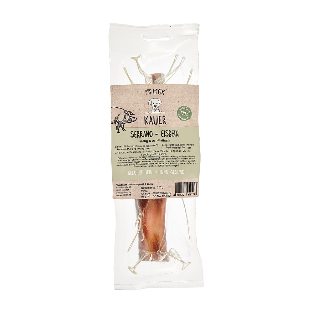 Primox Kauer Serrano-Eisbein 220 g vakuumverpackt saftig & aromatisch analytische Bestandteile und Fütterungsempfehlung Primox Kauer Serrano-Eisbein 220 g vakuumverpackt saftig & aromatisch analytische Bestandteile und Fütterungsempfehlung