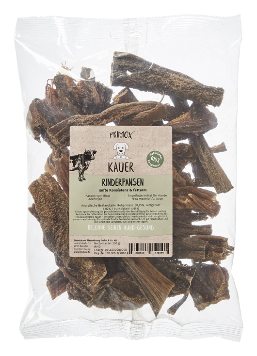Primox Kauer Rinderpansen 250 g im Beutel softe Konsistenz & fettarm analytische Bestandteile und Fütterungsempfehlung Primox Kauer Rinderpansen 250 g im Beutel softe Konsistenz & fettarm analytische Bestandteile und Fütterungsempfehlung