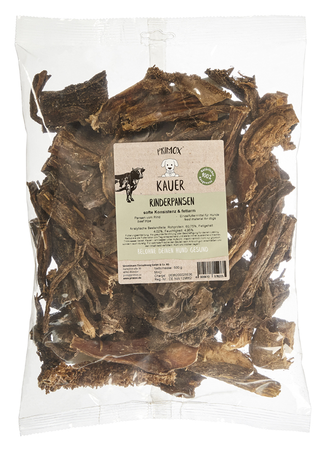 Primox Kauer Rinderpansen 500 g im Beutel softe Konsistenz & fettarm analytische Bestandteile und Fütterungsempfehlung Primox Kauer Rinderpansen 500 g im Beutel softe Konsistenz & fettarm analytische Bestandteile und Fütterungsempfehlung