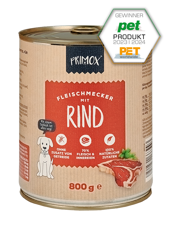 Primox Fleischmecker Nassfutter 800 g in Dose mit Rind PET Produkt Gewinner 2023/2024