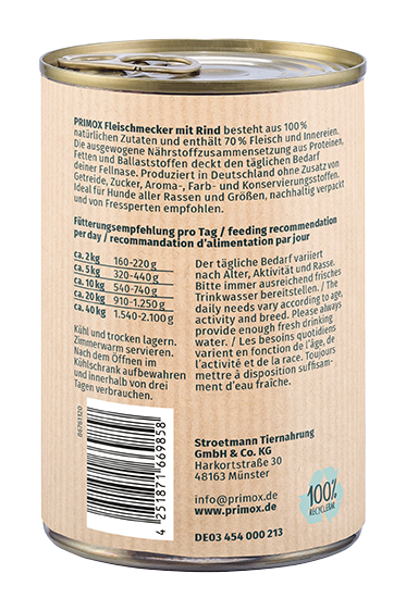 Primox Fleischmecker Nassfutter 400 g in Dose mit Rind Fütterungsempfehlung