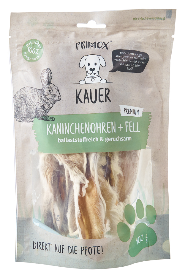 Primox Kauer Kaninchenohren mit Fell 100 g im Beutel ballaststoffreich und geruchsarm Primox Kauer Kaninchenohren mit Fell 100 g im Beutel ballaststoffreich und geruchsarm