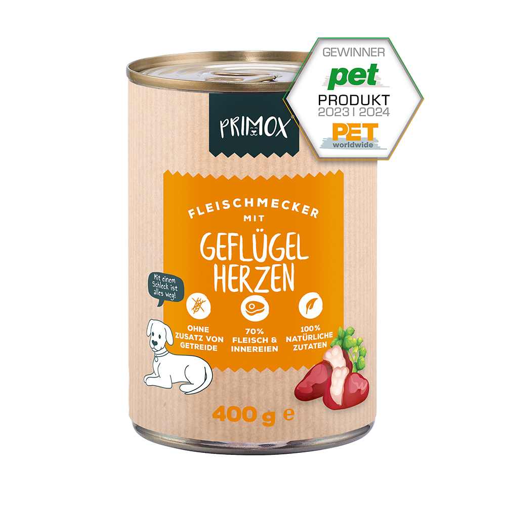 Primox Fleischmecker 400 g in Dose mit Geflügelherzen PET Produktgewinner 2023/2024