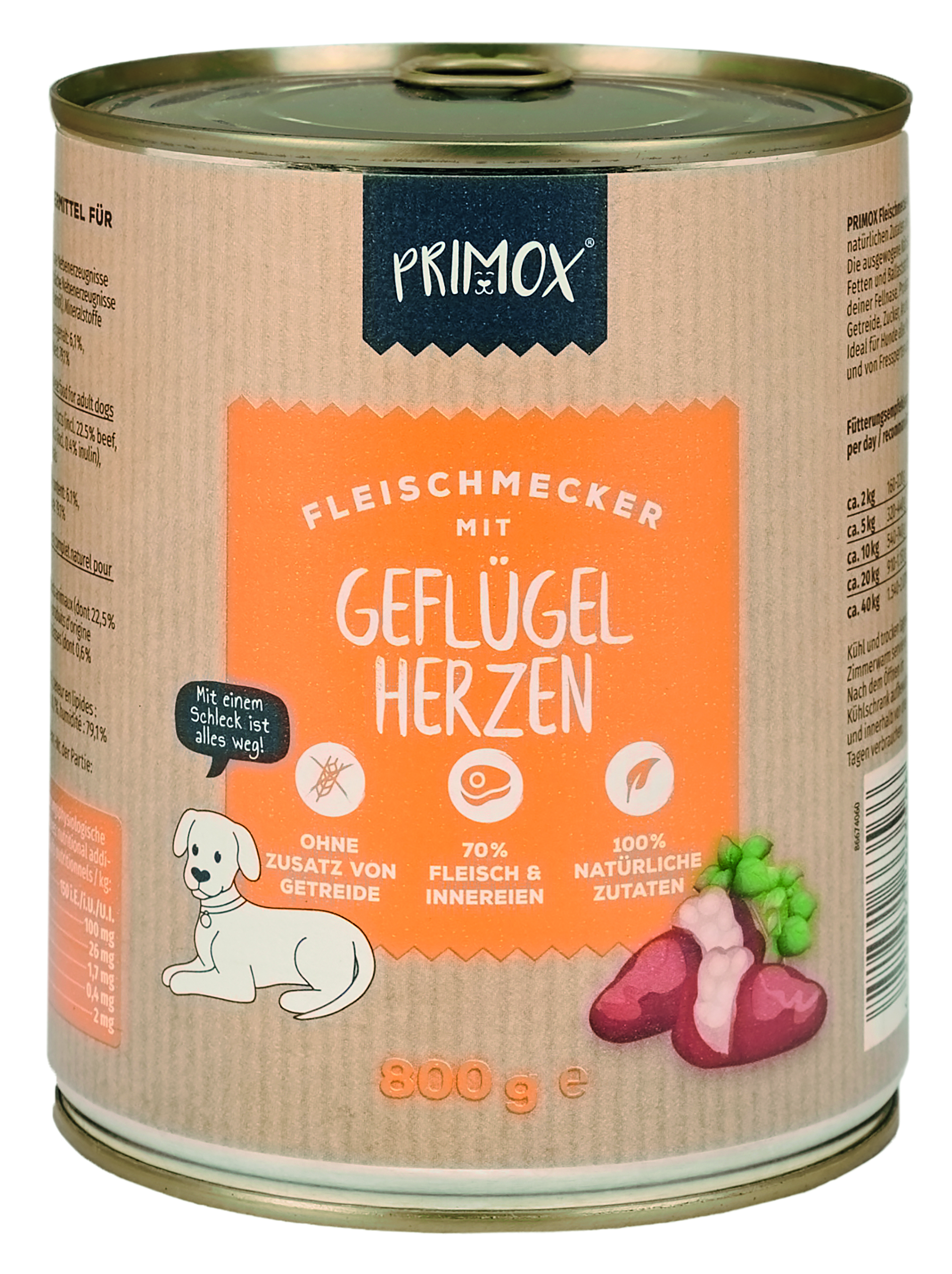 DEV Primox Fleischmecker Geflügelherzen Nassfutter Hund 800g Dose, Getreidefrei, mit 70% Fleisch und Innereien, 100% natürliche Zutaten, Pet Produkt des Jahres 2023/2024