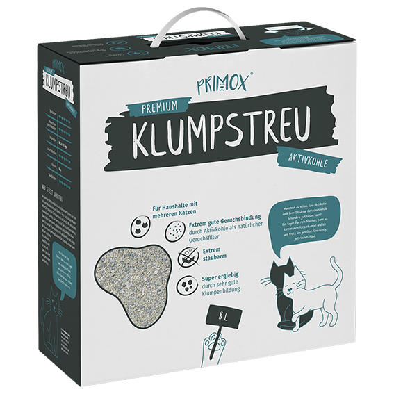 Primox Premium Katzenstreu 8 l mit Aktivkohle für Haushalte mit mehreren Katzen durch extrem gute Geruchsbindung