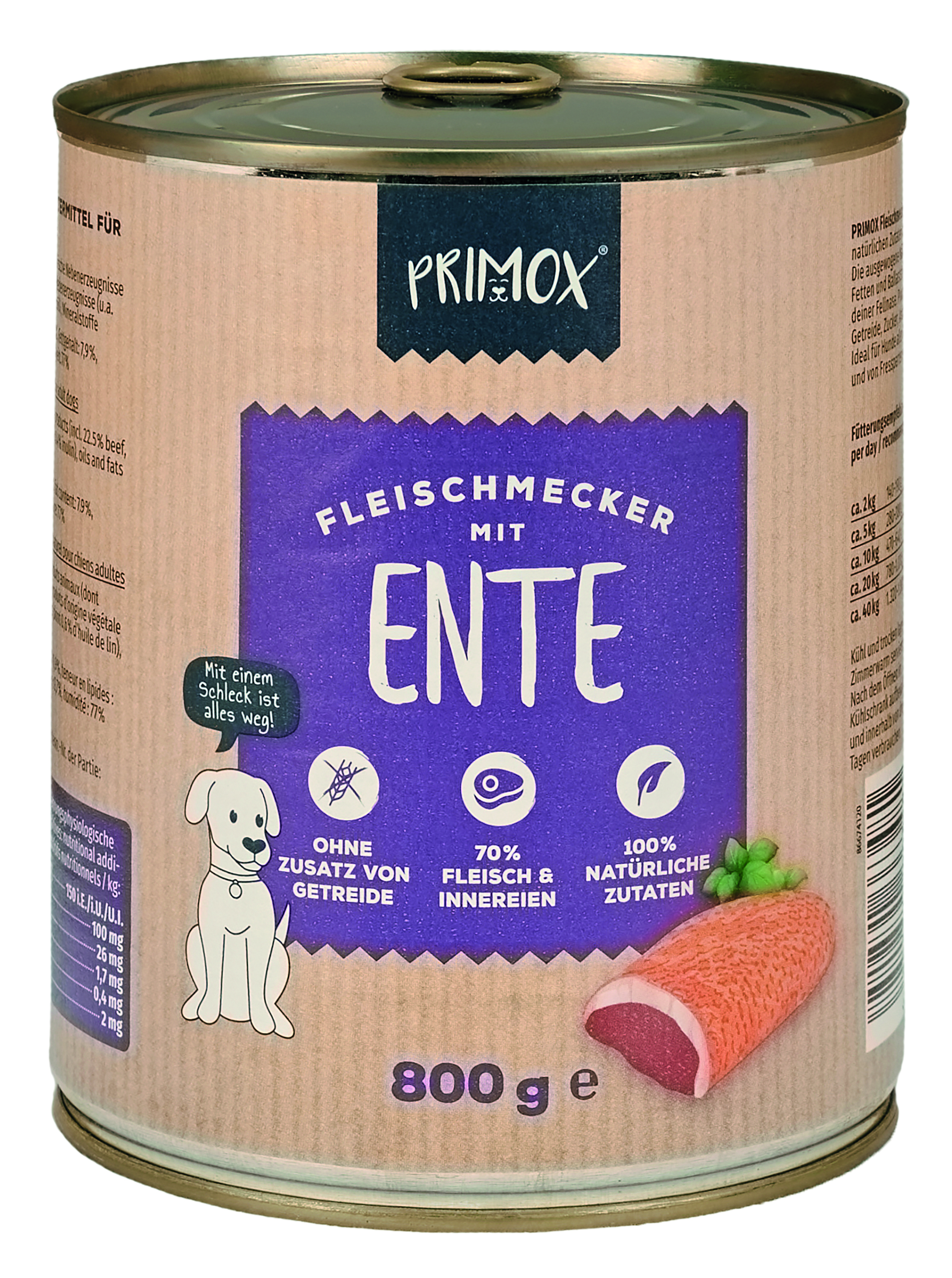 Primox Fleischmecker Ente Nassfutter Hund 800g Dose, Getreidefrei, mit 70% Fleisch und Innereien, 100% natürliche Zutaten, Pet Produkt des Jahres 2023/2024
