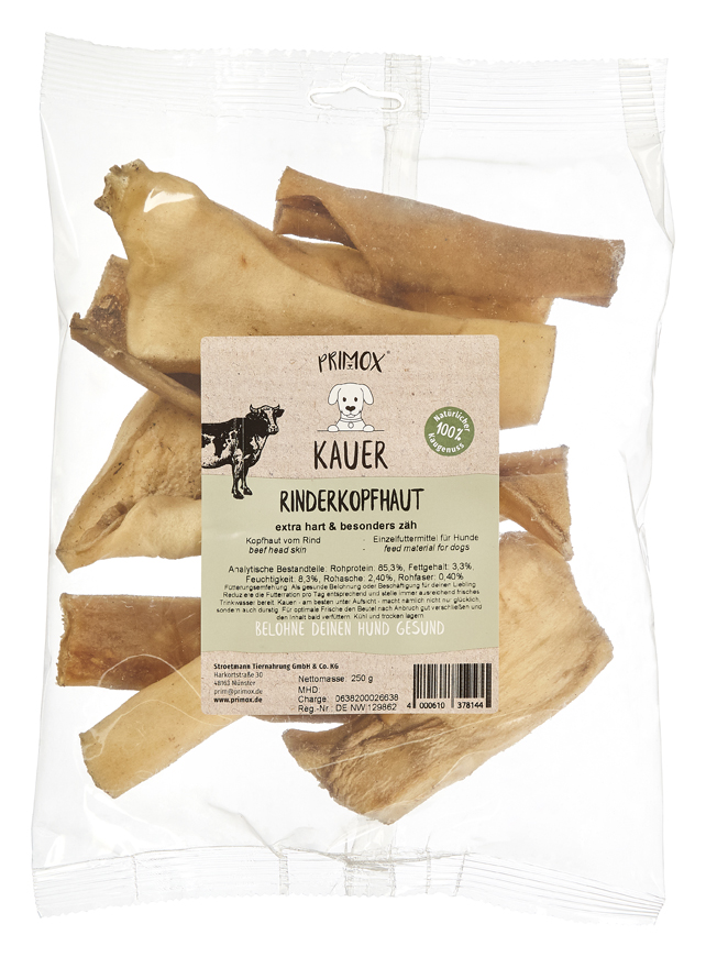 Primox Kauer Rinderkopfhaut 250 g im Beutel extra hart & besonders zäh analytische Bestandteile und Fütterungsempfehlung Primox Kauer Rinderkopfhaut 250 g im Beutel extra hart & besonders zäh analytische Bestandteile und Fütterungsempfehlung