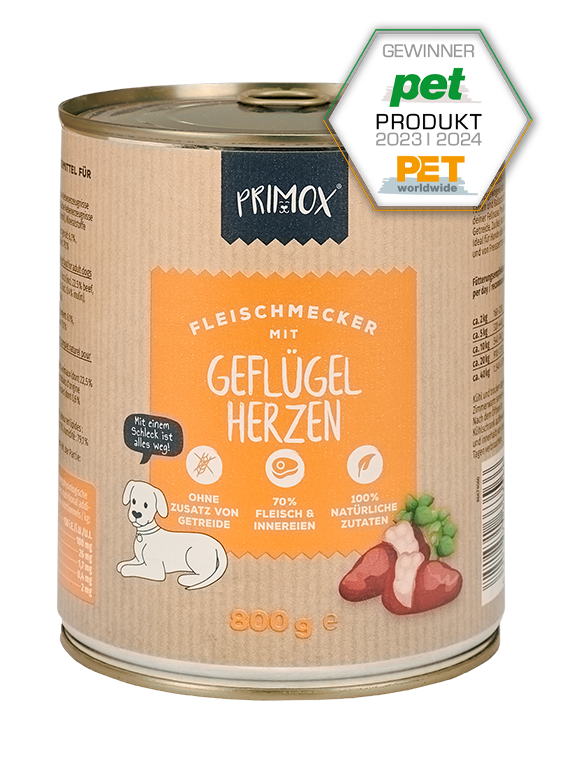 Primox Fleischmecker Nassfutter 800 g in Dose mit Geflügelherzen PET Produkt Gewinner 2023/2024