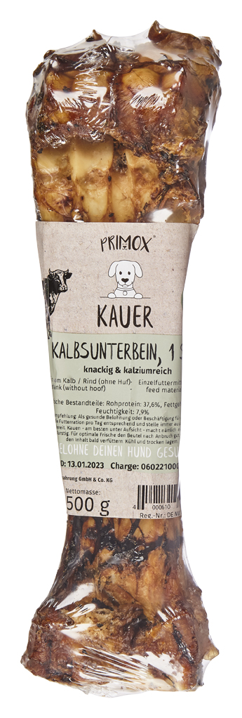 Primox Kauer Kalbsunterbein 500 g verpackt knackig & kalziumreich analytische Bestandteile und Fütterungsempfehlung