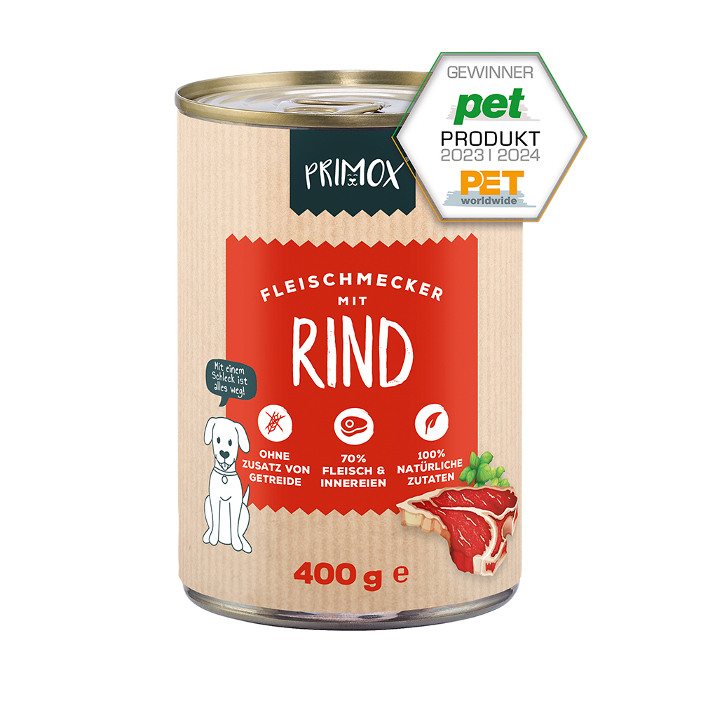 Primox Fleischmecker Nassfutter 400 g in Dose mit Rind PET Produkt Gewinner 2023/2024