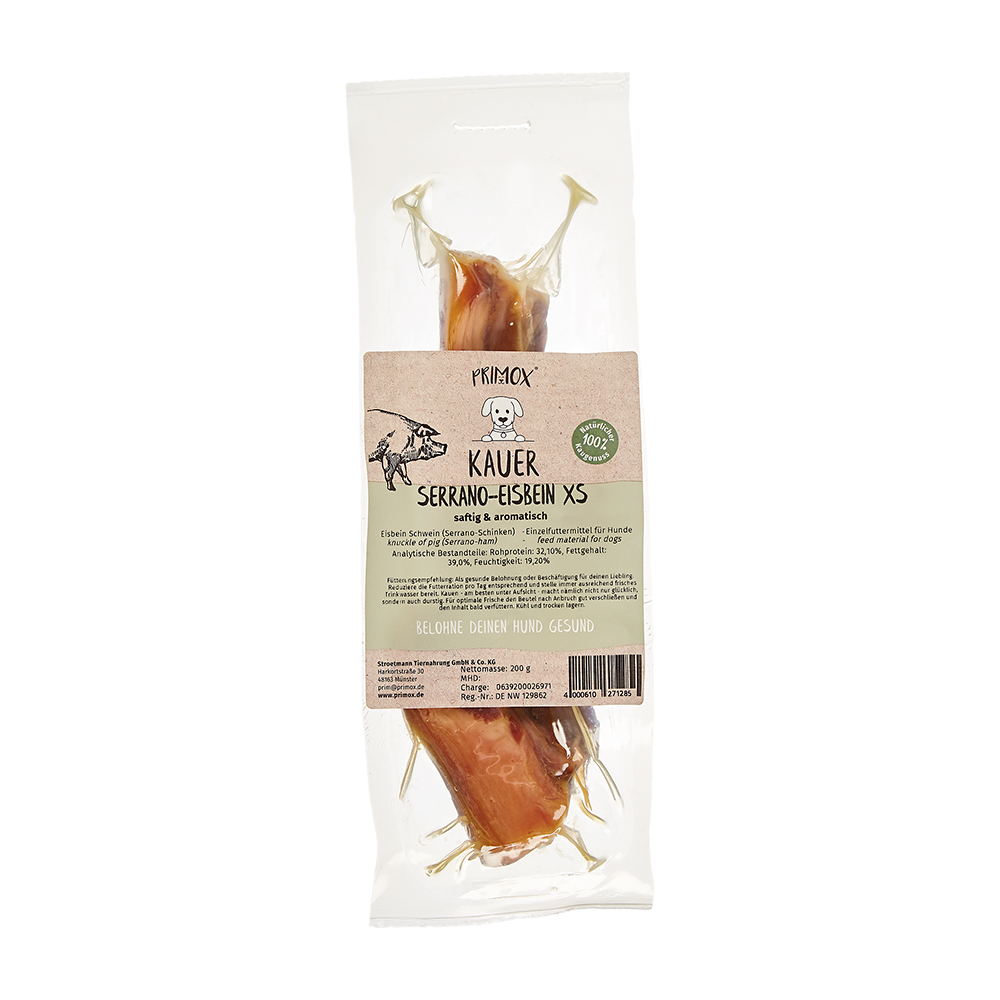 Primox Kauer Serrano Eisbein XS 200 g vakuumverpackt saftig und aromatisch analytische Bestandteile und Fütterungsempfehlung Primox Kauer Serrano Eisbein XS 200 g vakuumverpackt saftig und aromatisch analytische Bestandteile und Fütterungsempfehlung