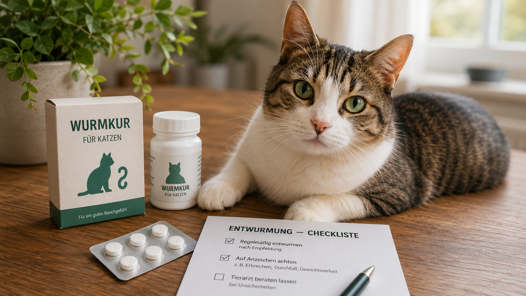 Katze liegt vor Wurmkur Medikamenten