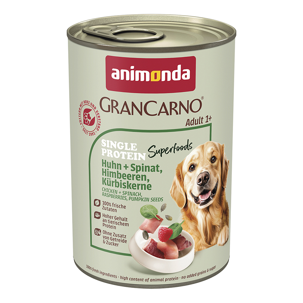 Animonda Gran Carno - Superfoods mit Huhn, Spinat, Himbeeren & Kürbiskernen - 6 x 400 g - 1