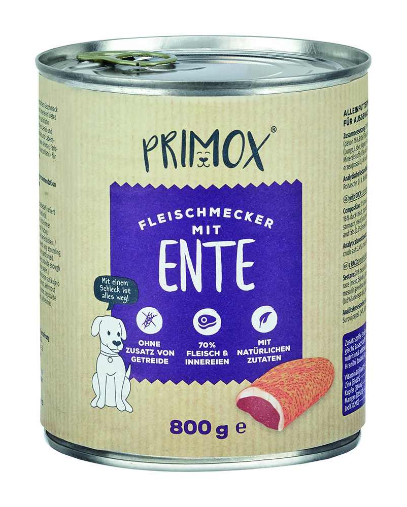 Primox Fleischmecker Ente Nassfutter Hund 800g Dose, Getreidefrei, mit 70% Fleisch und Innereien, 100% natürliche Zutaten, Pet Produkt des Jahres 2023/2024