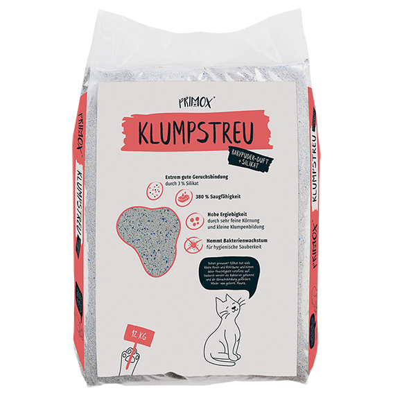 Primox Katzenstreu 12 kg mit Babypuder und Silikat. Extrem gute Geruchsbindung, 380% Saugfähigkeit, hohe Ergiebigkeit und gehemmtes Bakterienwachstum