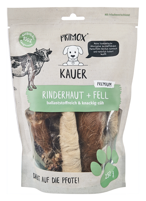 Primox Kauer Rinderhaut mit Fell 250 g im Beutel ballaststoffreich & knackig-zäh Primox Kauer Rinderhaut mit Fell 250 g im Beutel ballaststoffreich & knackig-zäh